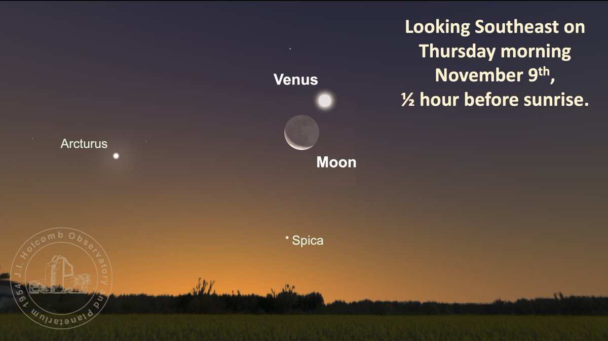 It's looking like the skies will be clear tomorrow morning (Nov 9).   So if you are up between 5:30 - 7:15AM or so take in the 2nd and 3rd brightest objects in the sky.  The crescent MOON and VENUS.  Just LOOK SOUTHEAST to see this beautiful pairing.