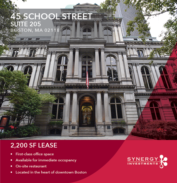 2,200 SF office space in downtown Boston available for lease. 45 School St. is near Govt. Center, Beacon Hill, PO Square - you're close to everything! Contact us for more details.  #office #lease #oldcityhall #commercialrealestate #Bostoncre loom.ly/RxkR1-4