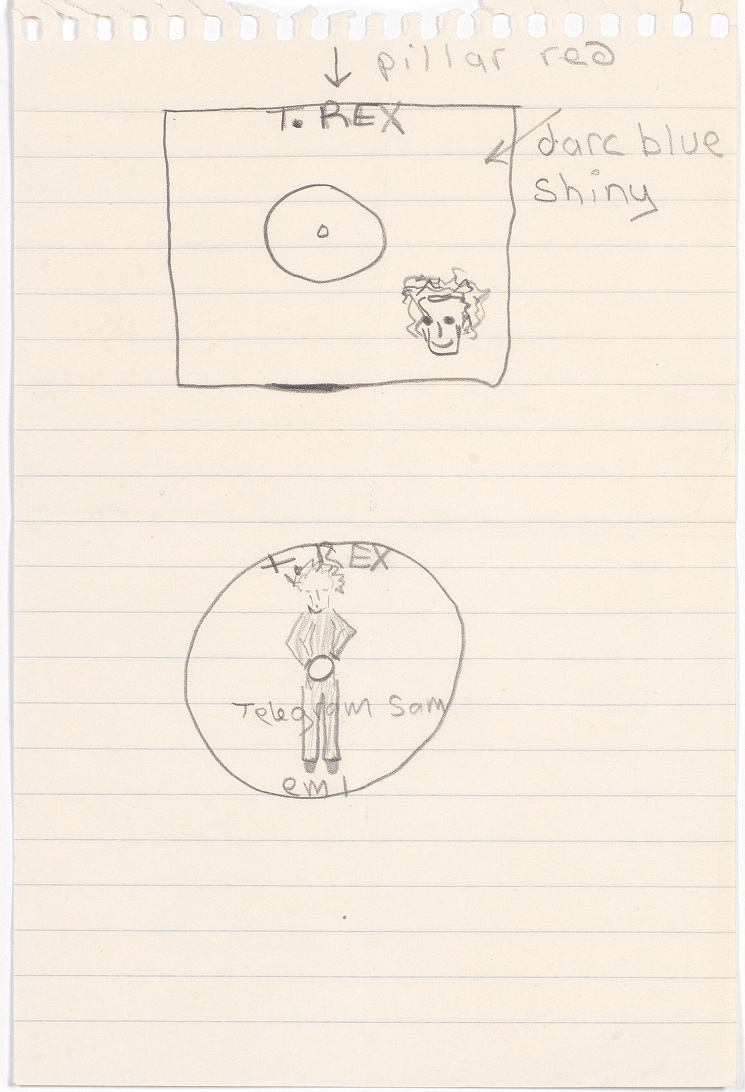It is unknown who designed the T.Rex red/blue brand identity, used across singles, LPs, tour programmes, fan club newsletters etc.   Maybe a clue is to be found in this sketch by Marc?  It's from the archive of the late Tony Howard, up for auction at Bonhams later this month.