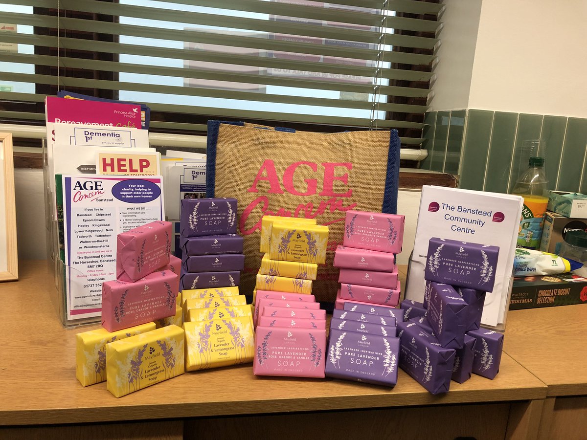 ageconcernbanst's tweet photo. @reigatebanstead @T66018937R @ForReigate THANK YOU @mayfieldlavender for the fantastic donation of some of your gorgeous soaps - our office is smelling SO good.  These will be finding their way via Santa’s sleigh to some very deserving people this Christmas 🎄#Donation https://t.co/dwswGRAOjP