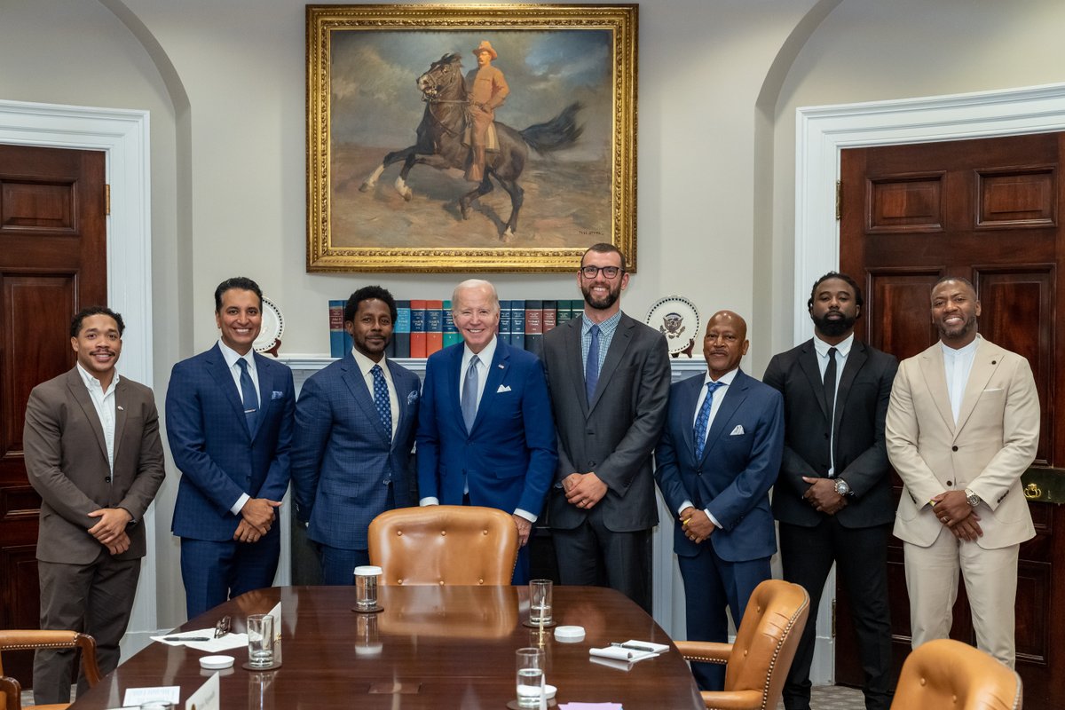 WhiteHouse46's tweet photo. Today, President Biden met with former college football players and advocates at the White House to hear about the challenges college athletes face, including in health and safety. Participants discussed a variety of ideas to address these issues. https://t.co/O017bI6rfi