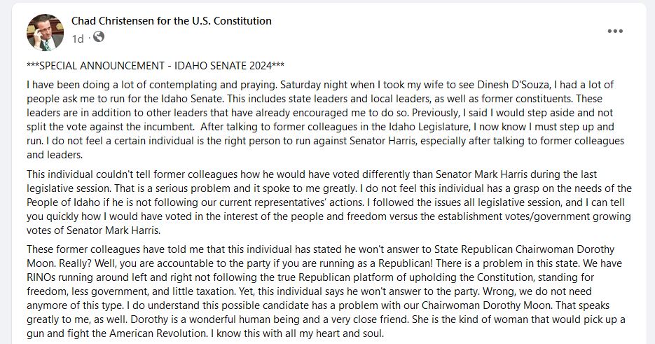 whitesheepranch's tweet image. Uh-oh, trouble ahead. 

#MadChad can't stand being out of office. He's planning to run for Senate in District 35 - against some unnamed person who "won't answer to"  Dorothy Moonatic or the IFF.

#idleg #idpol #IdahoGOP #MaxiPadChad