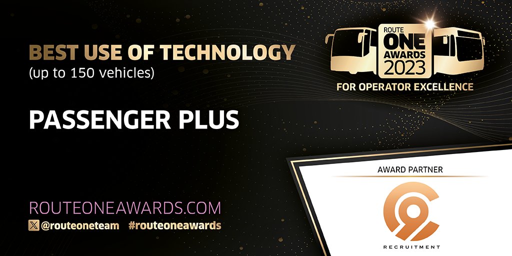 Congratulations to @PassengerPlus! Winner of the Best use of Technology, small/medium operator (up to 150 vehicles) Award, partnered by C9 Recruitment #routeoneawards
