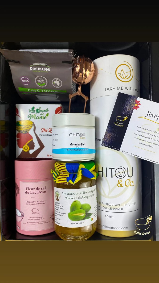 SafietouRaby's tweet image. Bonsoir Demba, je vous aurai bien proposer une box mixte @KWurus avec de la gourmandise(confiture, café touba, thé), de la cosmétique (gel douche au bissap ou bouye), porte passeport en pagne tissé, de la déco(mini car rapide et magnet), bougie parfumée en forme de pirogue