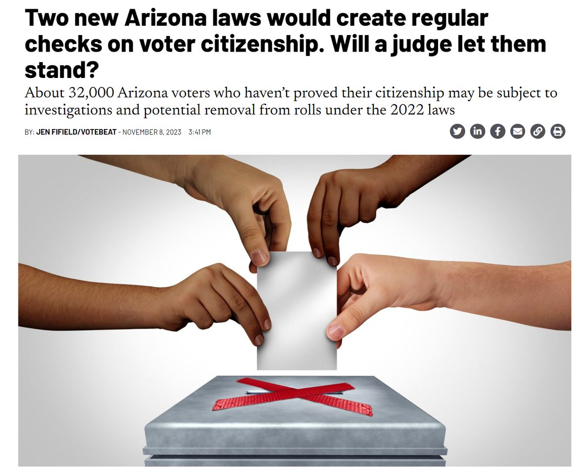 About 32,000 Arizona voters who haven’t proved their citizenship may be subject to investigations and potential removal from rolls under the 2022 laws, via @JenAFifield/@VotebeatUS azmirror.com/2023/11/08/two…