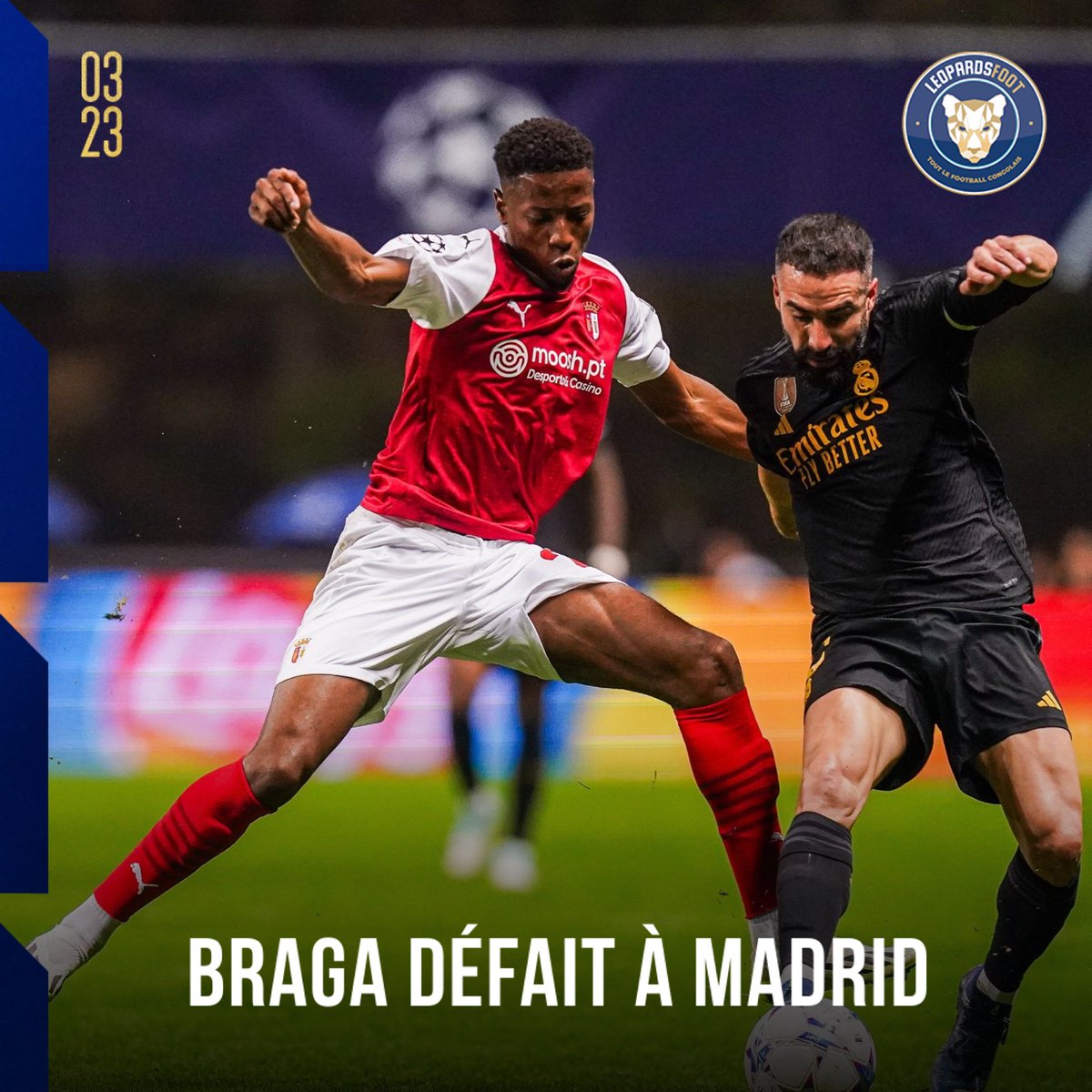 leopardsfoot's tweet photo. 🐆 Banza tombe à Madrid !
Le SC Braga s’incline sur la pelouse du Real Madrid (3-0).
Simon Banza est monté à la 77è minute du match.
Troisième de son groupe avec 3 points, son club doit impérativement l’emporter contre l’Union Berlin.
#ucl #RMABRA https://t.co/0nPCzKnnsd