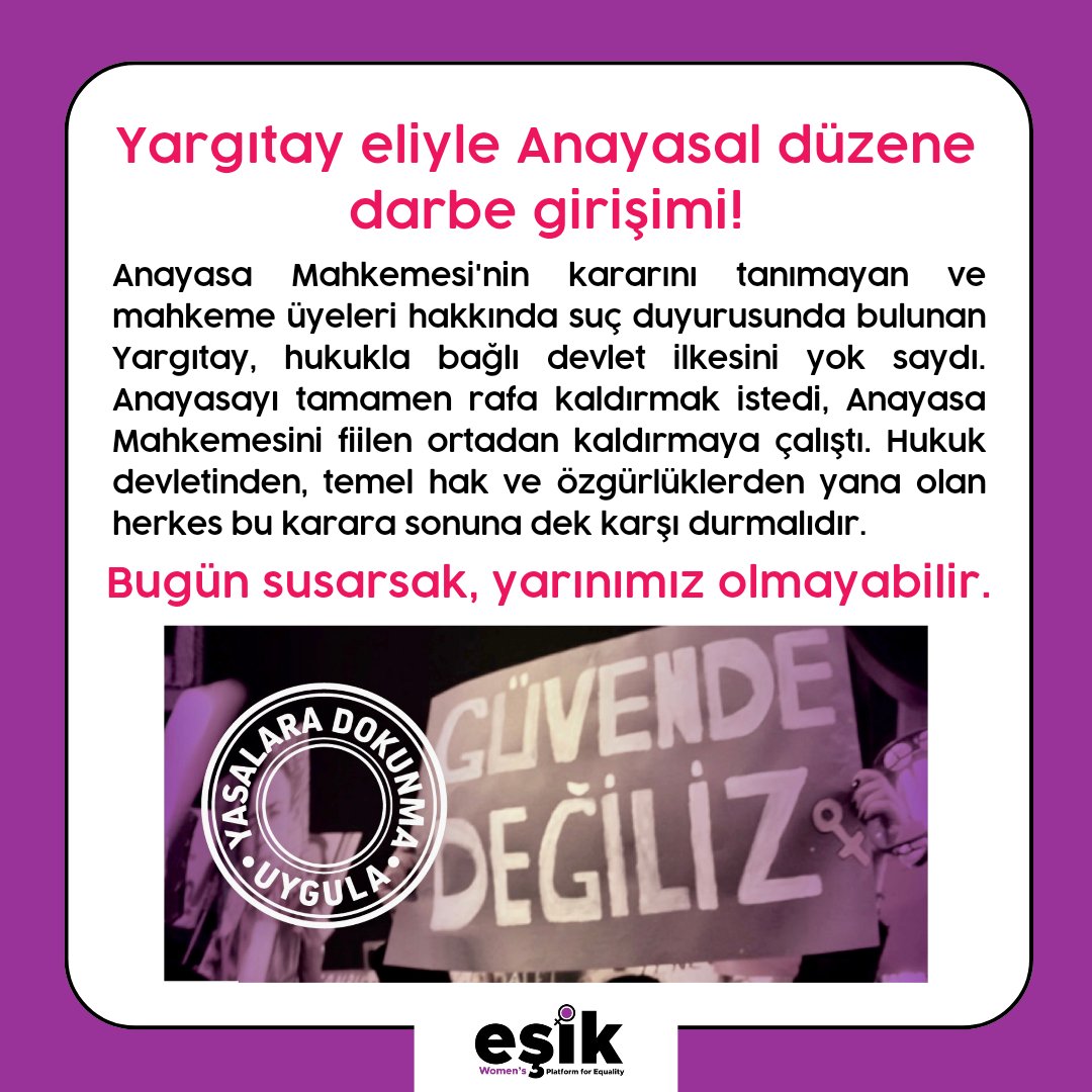🚨 Yargıtay eliyle Anayasal düzene darbe girişimi❗
🔺Anayasa Mahkemesi'nin kararını tanımayan ve mahkeme üyeleri hakkında suç duyurusunda bulunan Yargıtay, hukukla bağlı devlet ilkesini yok saydı. 
🔺Anayasayı tamamen rafa kaldırmak istedi, Anayasa Mahkemesini fiilen ortadan