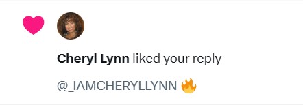 Ms. #CherylLynn liked my tweet.😍 This like deserves an #Encore. I got dropped off to see her with my best friends at Rick James, Cold Blooded tour. 🔥