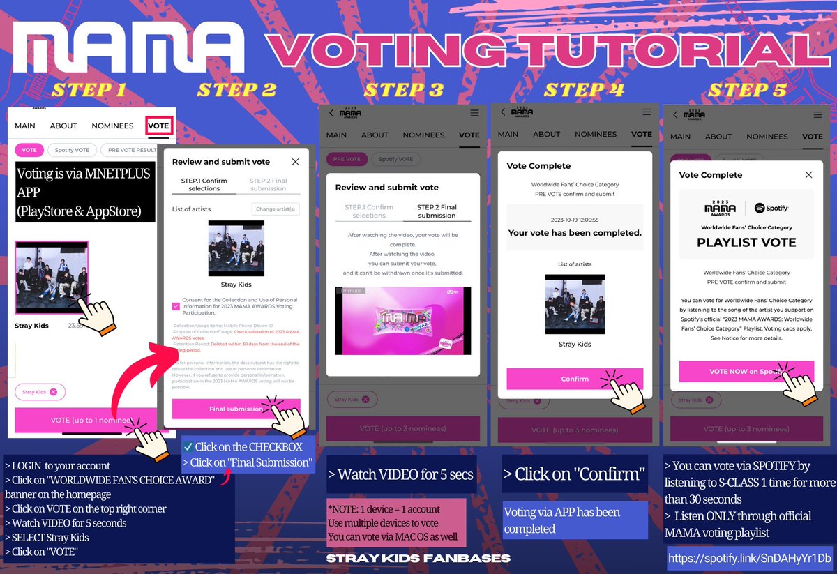 jeongin has brought you a mama voting tutorial! thank u <a href="/StrayKidsGlobal/">Stray Kids Global</a>  
☆ vote on mnet once a day per DEVICE
☆ vote on spotify once a day per ACCOUNT (30+ sec into sclass via mama playlist = one vote!) 
-🦑
