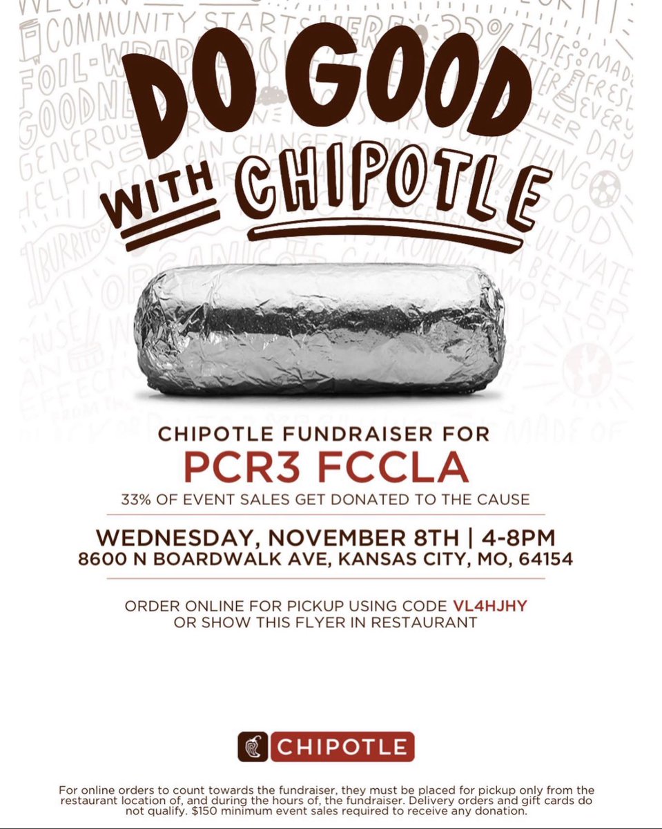 Go support FCCLA tonight by eating at Chipotle at the Boardwalk ave location.