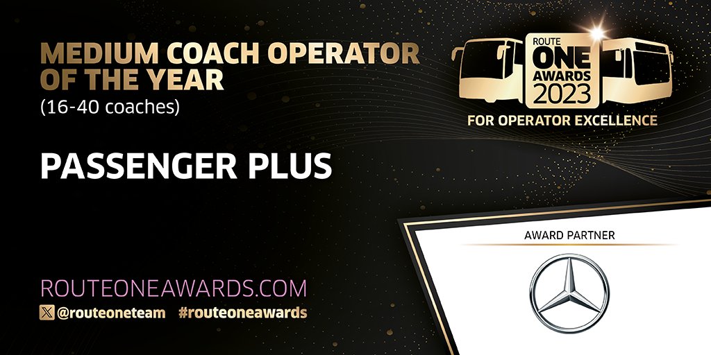 Congratulations to @PassengerPlus! Winner of the Medium Coach Operator of the Year (16-40 coaches) Award, partnered by Daimler Buses UK #routeoneawards