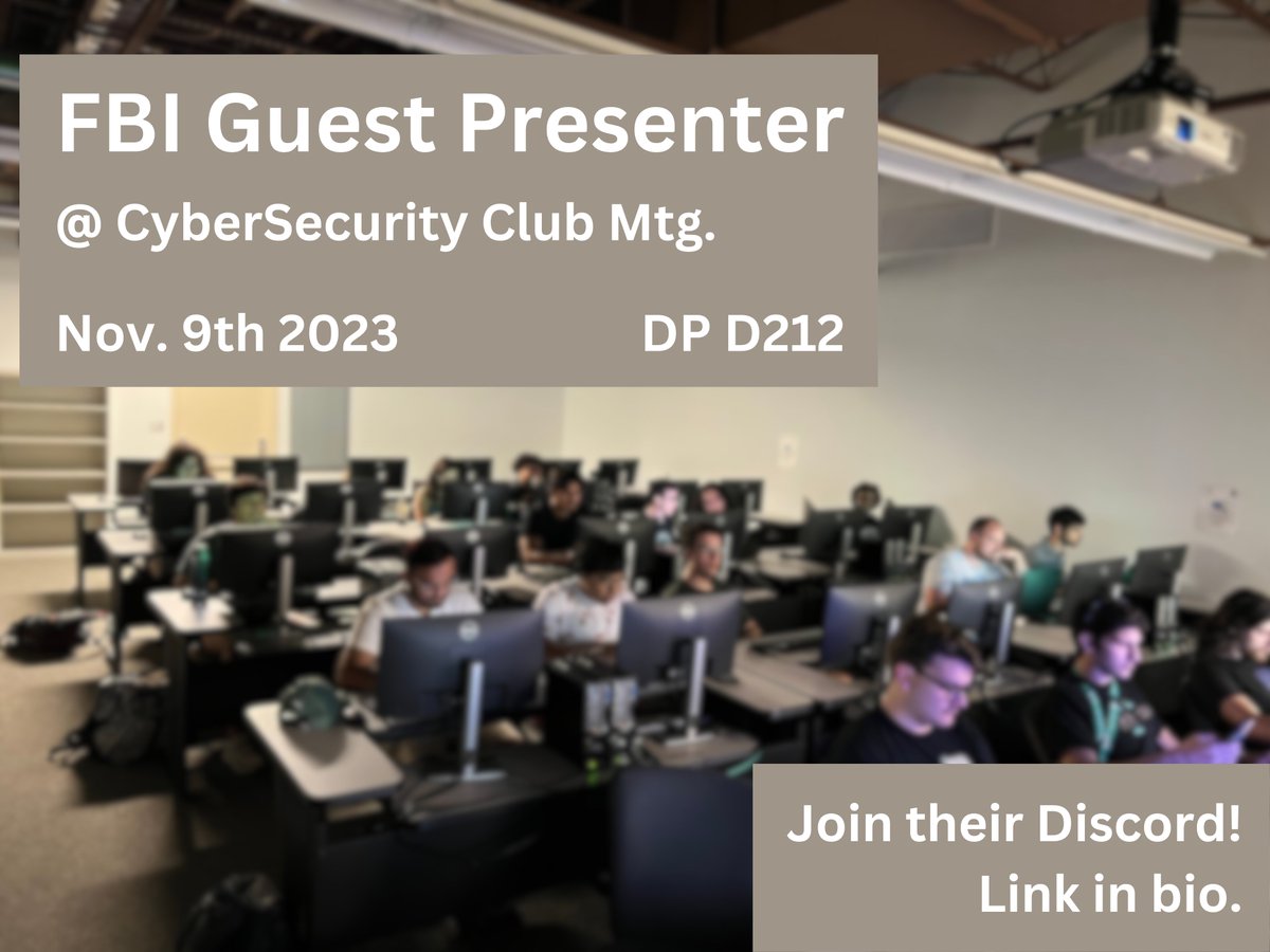 UNT Computer Science & Engineering (@untcse) on Twitter photo 🗣 calling all enthusiasts of the security of cyber!
Tomorrow, <a href="/UNT_CSC/">UNTCyberSecurityClub</a> is hosting a guest presenter from the FBI to talk during their club meeting.
Learn more information by joining their Discord!
LINK IN BIO.
<a href="/untengineering/">University of North Texas Engineering College</a>
#UNT #NorthTexas #Cybersecurity #Organization 🗣 calling all enthusiasts of the security of cyber!
Tomorrow, <a href="/UNT_CSC/">UNTCyberSecurityClub</a> is hosting a guest presenter from the FBI to talk during their club meeting.
Learn more information by joining their Discord!
LINK IN BIO.
<a href="/untengineering/">University of North Texas Engineering College</a>
#UNT #NorthTexas #Cybersecurity #Organization