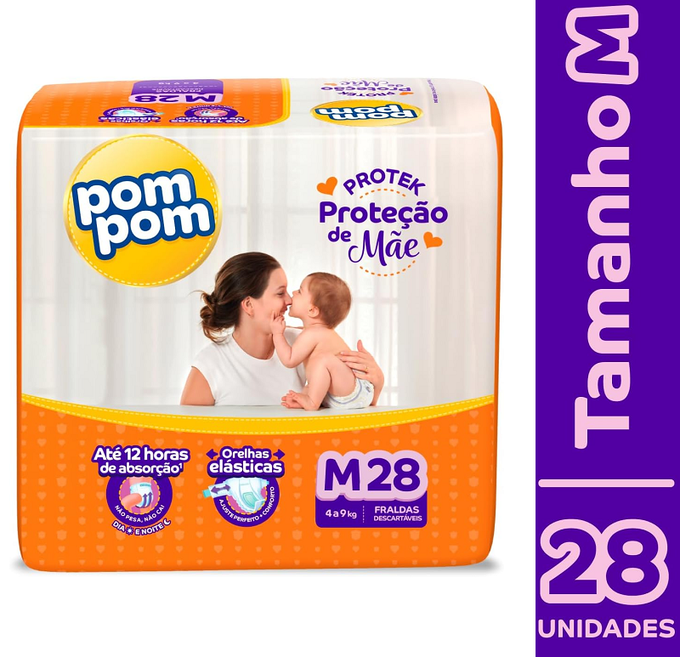 Fralda Pom Pom  Protek Proteção de Mãe Jumbo M 28 Unidades