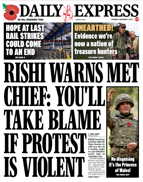 Portada del Daily Express del jueves: Rishi advierte al jefe de la Met: usted asumirá la culpa si la protesta es violenta