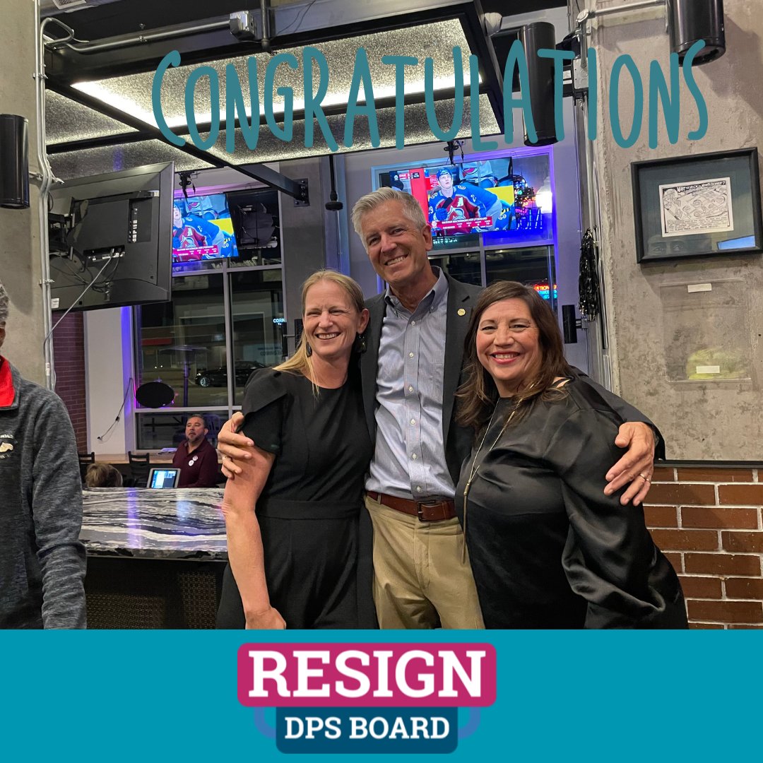 ResignDPS's tweet image. Teamwork makes the dream work! We love to see them celebrating together and look forward to the change they will deliver. Congratulations to our three, new DPS School Board members! Kimberlee, John and Marlene! @youngquist4dps @SiaForDPS @MarleneForDPS