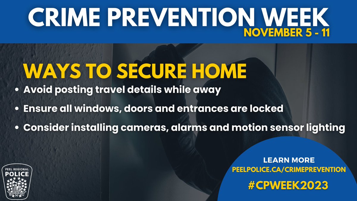 The safety of our community is our top priority. Follow these steps to secure your home. #CPWeek2023 #CrimePreventionMonth #HomeSecurity #PRP #Mississauga #Brampton #BeSafe #SafetyTips #Peel Regional Police