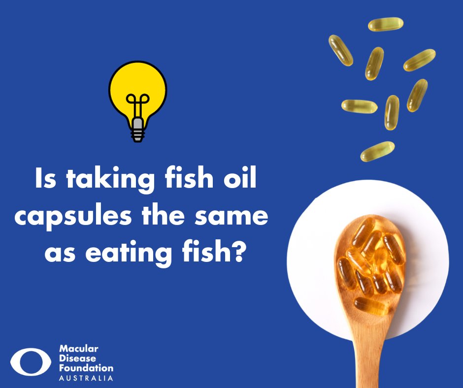 Is eating fish the same as taking fish oil capsules? Effectiveness of Omega 3 supplementation (fish oil capsules) in reducing risk of AMD diagnosis or slowing progress of AMD is inconclusive at this stage. We recommend eating oily fish if possible.