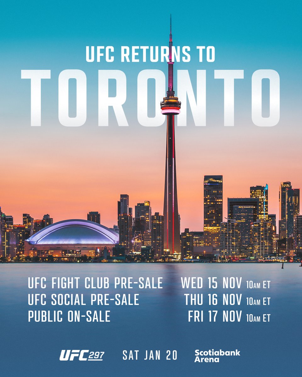 UFC_CA's tweet photo. 🍁 WE. ARE. BACK! 🍁

The return to Toronto is official for January 20th, 2024! See you in the 6️⃣ix! #UFC297

Register for ticket info at https://t.co/newcSNDZrs 🎟️🔗 https://t.co/rEj2eCIjib