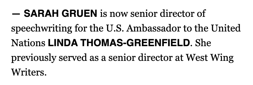 Sarah Gruen (@sarahagruen) on Twitter photo After five-odd years at <a href="/WestWingWriters/">West Wing Writers</a> (and oh, what an odd and wonderful five years it was), some personal (personnel?) news: this week is my first as Director of Speechwriting for <a href="/USAmbUN/">U.S. Ambassador to the United Nations</a>.
Here's to, as my predecessor <a href="/Lpevs/">laurence pevsner</a> put it, combining gumbo with hot dogs. After five-odd years at <a href="/WestWingWriters/">West Wing Writers</a> (and oh, what an odd and wonderful five years it was), some personal (personnel?) news: this week is my first as Director of Speechwriting for <a href="/USAmbUN/">U.S. Ambassador to the United Nations</a>.
Here's to, as my predecessor <a href="/Lpevs/">laurence pevsner</a> put it, combining gumbo with hot dogs.