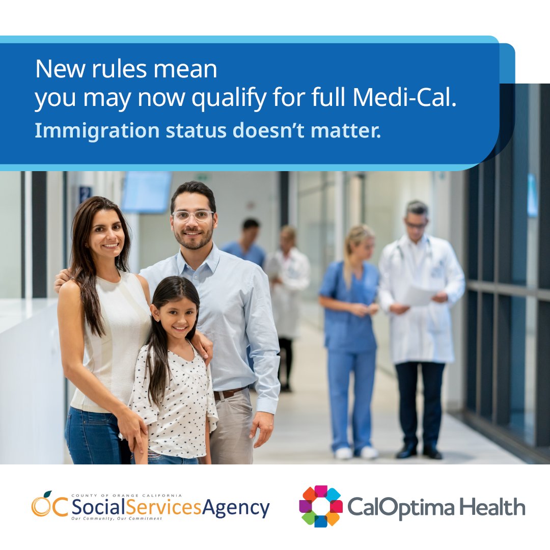 CalOptima's tweet photo. Beginning January 1, 2024, a new California law will allow adults ages 26 through 49 to qualify for full-scope Medi-Cal, regardless of immigration status.⁣ It provides medical, dental and vision care and more. Check your eligibility. Call the @OrangeCountySSA at 1-800-281-9799. https://t.co/iqNLcXSCBA