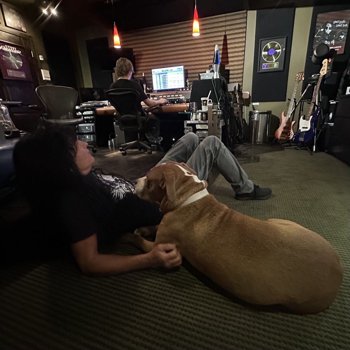 This is how I chill in the studio. How nice to have a cool dog named Fred by my side all afternoon, keeping me company! So glad he was rescued and has a second chance in life! He sure loves to be petted. Thank you Jay and Rene Ruston #joeybelladonna #anthraxband #recordingstudio