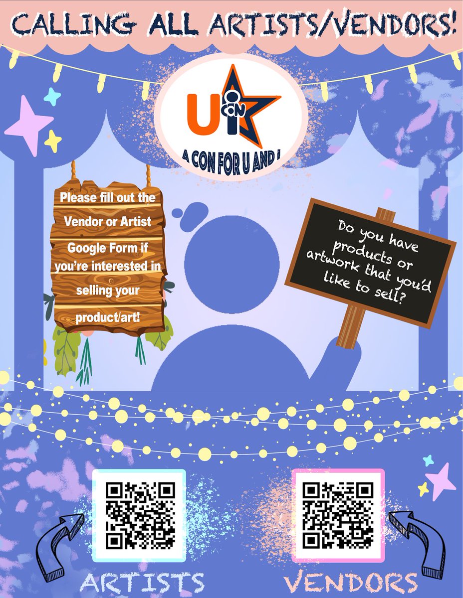 Hello, everyone! UI-Con is looking for artists and vendors to fill up our artist alley and vendor hall! If you're an artist or a vendor, fill out the correct Google Form, depending on which one you are, by scanning the artist or vendor QR code! We hope to see you at our con!