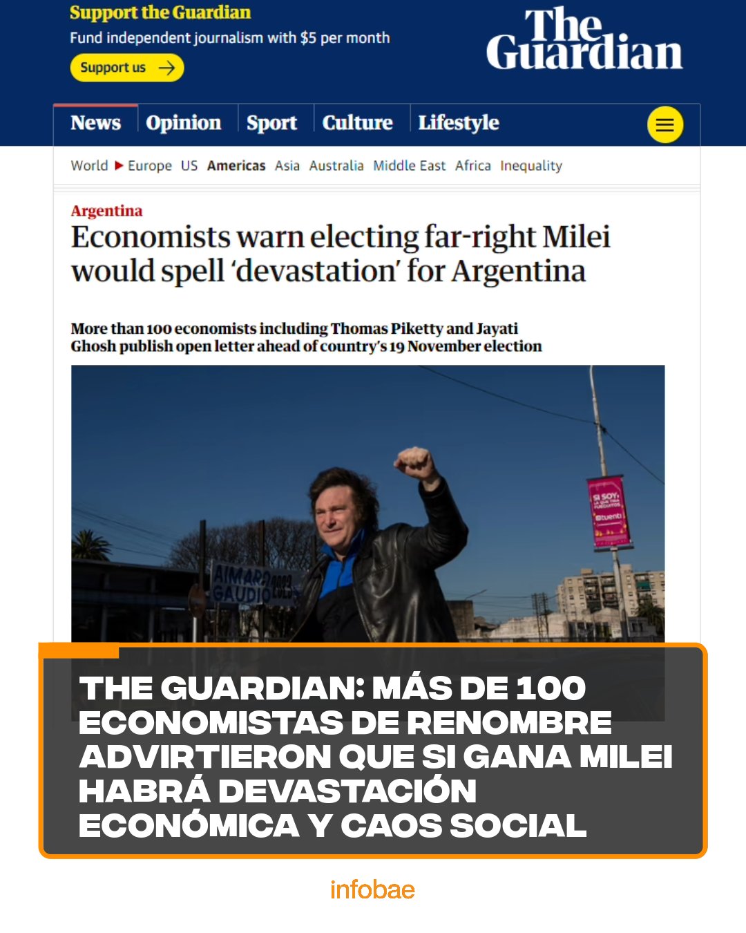 infobae on X: "The Guardian: más de 100 economistas de renombre advirtieron que si gana Milei habrá devastación económica y caos social https://t.co/axxH5S6cNo https://t.co/6bCYKYZdXL" / X