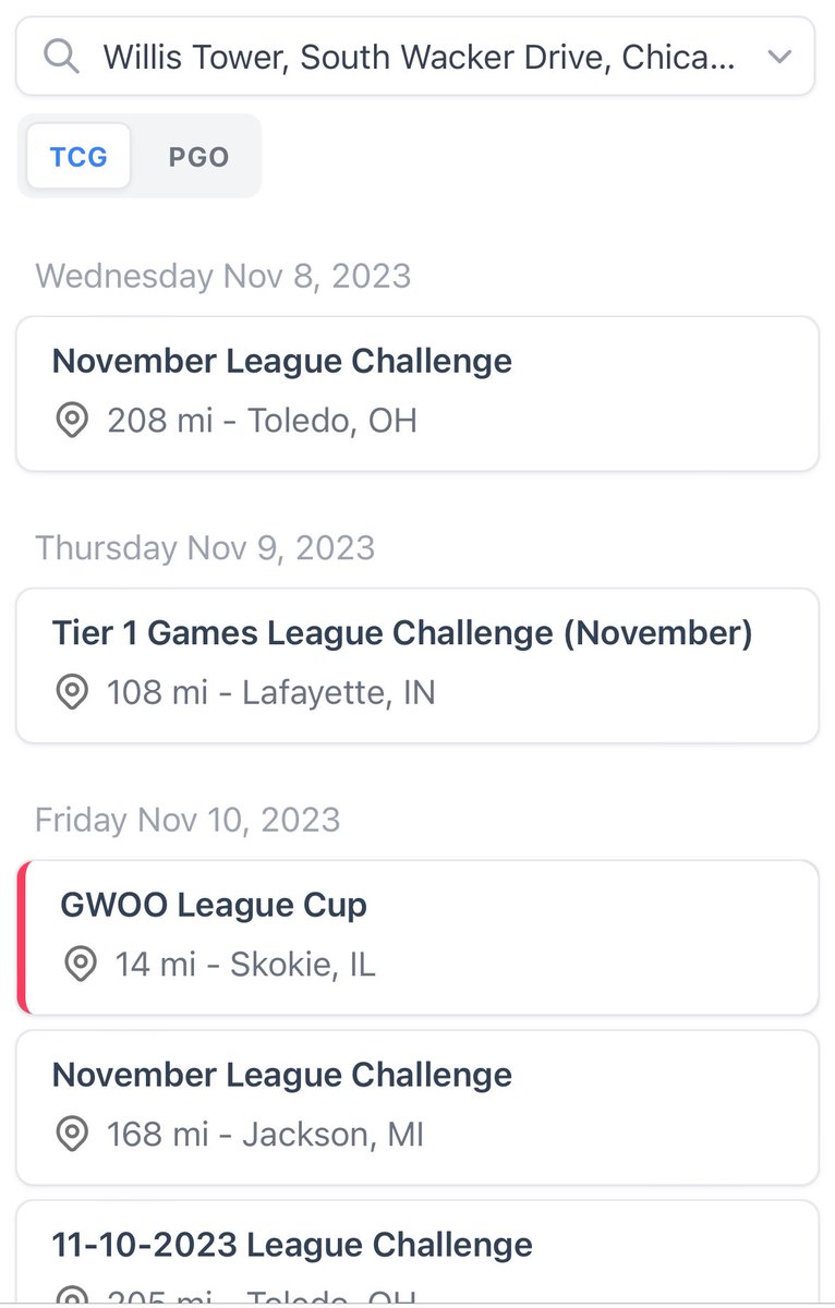 I remade the event locator from pokedata on pokestats.live/events! Put in an address close to home and it’ll search cups + challenges in a 250 mile radius. Clicking on the event brings you to the event page!