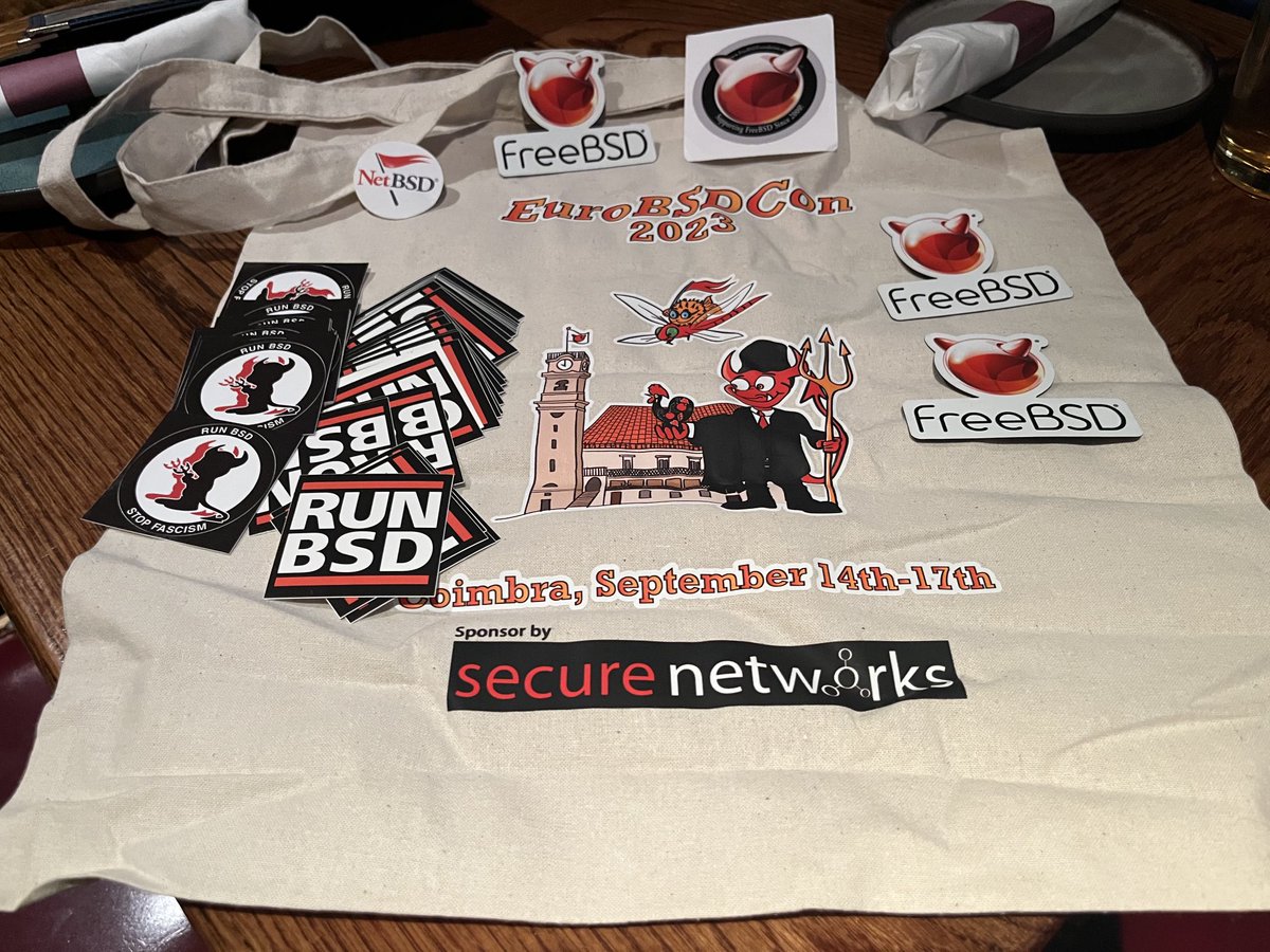 BSDTV's tweet image. Next NYC*BUG: Tonight!

EuroBSDcon 2023 bag and stickers and ready to give out for the NYC*BUG meeting tonight. Discussing upcoming FreeBSD14, recently published FreeBSD Journal authors, and collecting for a NYC*BUG BSDCan sponsorship. 

#runbsd