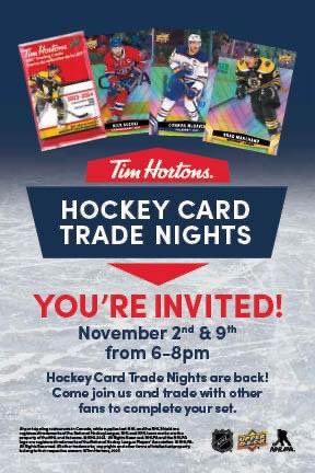 KtownTimmy's tweet photo. Join us tomorrow night! Thurs Nov 9 from 6-8 pm for our last Tim Hortons Hockey Card Trading Night! Complete your sets, have fun, win prizes! Only at John Counter, Arlington Park, and Innovation Drive in #ygk https://t.co/f4Wplax6DB