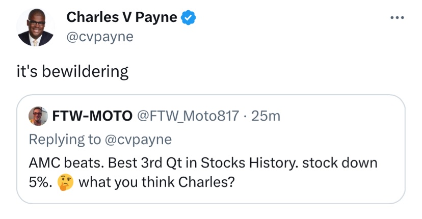 AroundMyCitys's tweet photo. Is it really though @cvpayne

Does “it’s bewildering” work with your TV viewers?

Posts like that make the majority of your X followers question your ability/willingness to provide insightful commentary

Will you have a chance to discuss 
#FTDs or #BrettHarrison this week?
$AMC https://t.co/Q3uHVLetgt