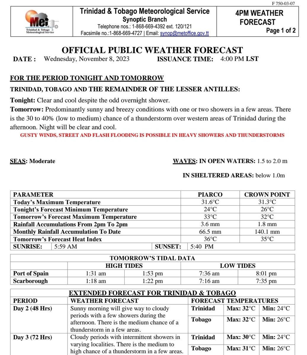 TTMetOffice's tweet photo. The latest Weather Forecast is available at: https://t.co/dCxD12S6EB
#ttweather #forecast #BeWeatherAware #BeWeatherReady #ttmetoffice #ttmetservice https://t.co/7tKrIoxLtd