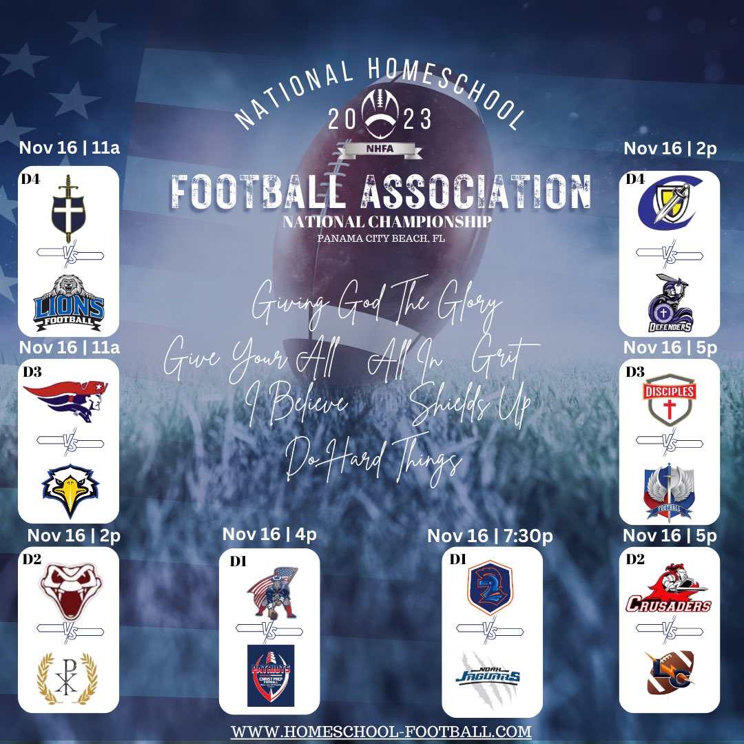 TCWarriors's tweet photo. 🔥 The NHFA Tournament Semi-Final matchups are here! 🏈🏆🌟 🙌🔝 Who's your pick to dominate the field and secure a spot in the championship game? Let's cheer our hearts out for an unforgettable display of homeschool football prowess! #NHFA #SemiFinals #HomeschoolFootball 🏟️🔥 https://t.co/WFysB6Po7L