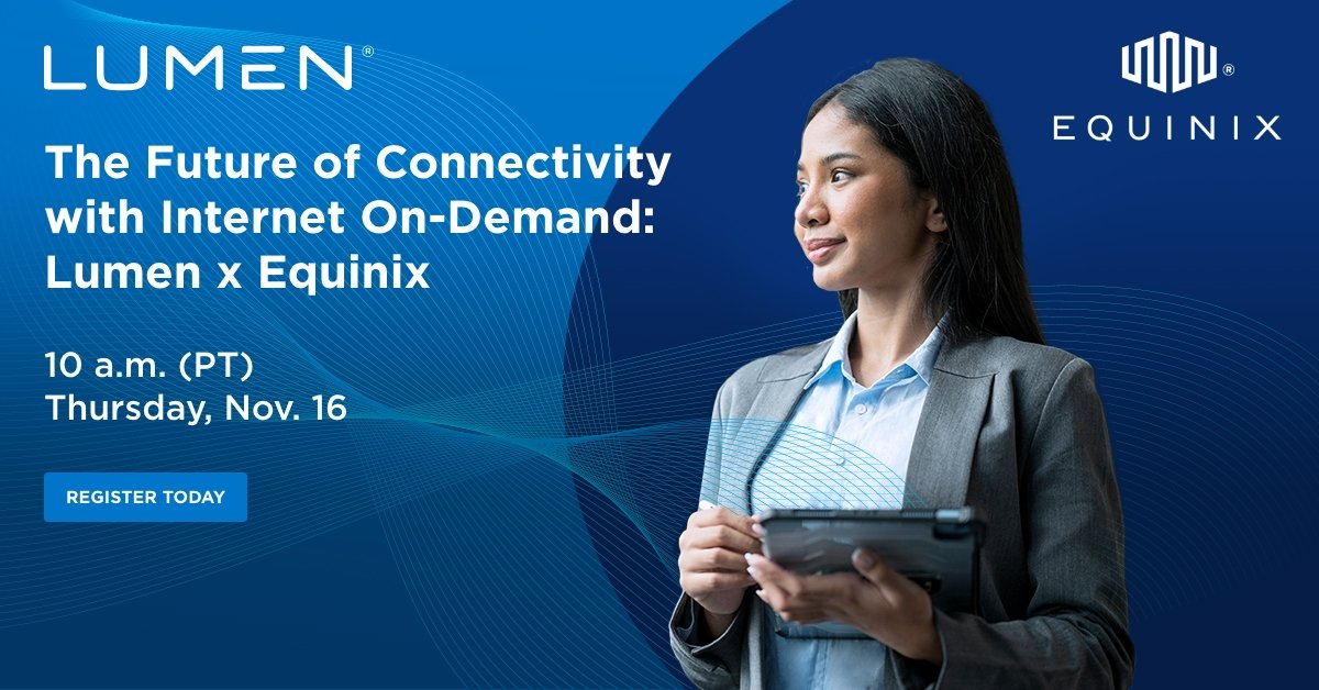 Accelerate business operations with connectivity you can deploy, scale and manage in minutes. Don’t miss our webinar to learn how Lumen and Equinix have partnered to deliver a fast, on-demand networking experience. bit.ly/466EVZJ