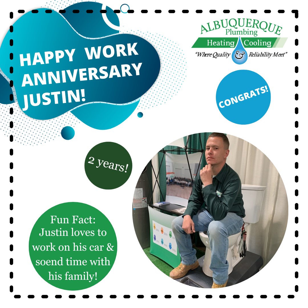 Congrats to Justin on his 2 year anniversary!! We appreciate all the hard work you do for us and the team!🤩🚽#abqplumbing #deepinthought #homeshow #workanniversary #teamworkmakesthedreamwork