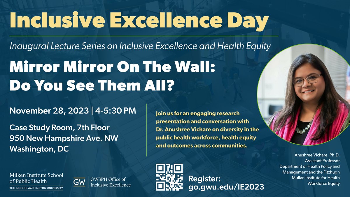 GWHPM950's tweet photo. Join us for the inaugural lecture series on inclusive excellence in the public health workforce, presented by Fitzhugh Mullan Institute for Health Workforce Equity researcher and professor, Dr. Anushree Vichare. We'll see you there!

Visit https://t.co/nPIvuwcFnc to register https://t.co/abd2IbQV0I