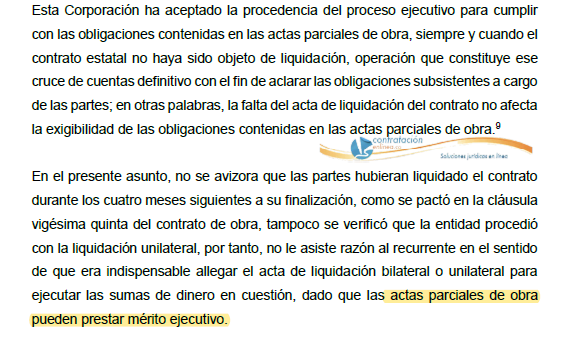contrataenlinea's tweet photo. 📝ACTAS PARCIALES DE OBRA PUEDEN PRESTAR  MÉRITO EJECUTIVO siempre y cuando el contrato estatal NO haya sido objeto de liquidación. 

⏩LA FALTA DEL ACTA DE LIQUIDACIÓN NO  AFECTA LA EXIGIBILIDAD DE LAS OBLIGACIONES contenidas en actas  parciales de obra https://t.co/ow9SxFB5As https://t.co/hXV7y0rVOL