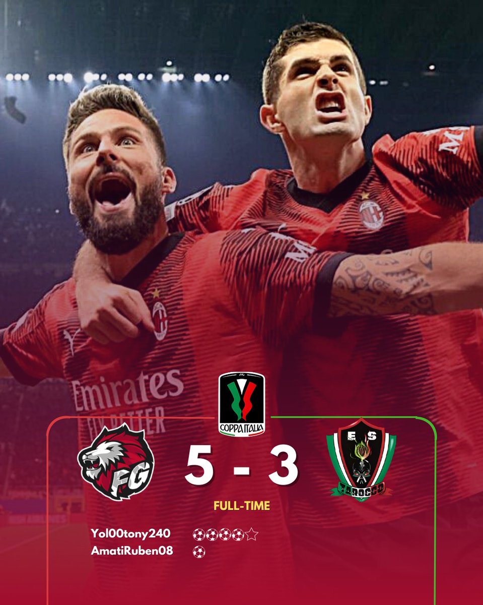 ❤ 𝑭𝑼𝑳𝑳 𝑻𝑰𝑴𝑬 🖤
🏆| <a href="/VPGItaly/">Virtual Pro Gaming Italy 🇮🇹</a> Coppa italia
🗓| 1° Giornata 
🆚| #EsTarocco
✅| 5️⃣ - 3️⃣

⚽️⚽️⚽️⚽️| @Yol00tony240
⚽️| <a href="/AmatiRuben8/">Ruben Amati</a>

👟| #andyproclub
👟👟| @Perfect79_yt

⭐| @Yol00tony240