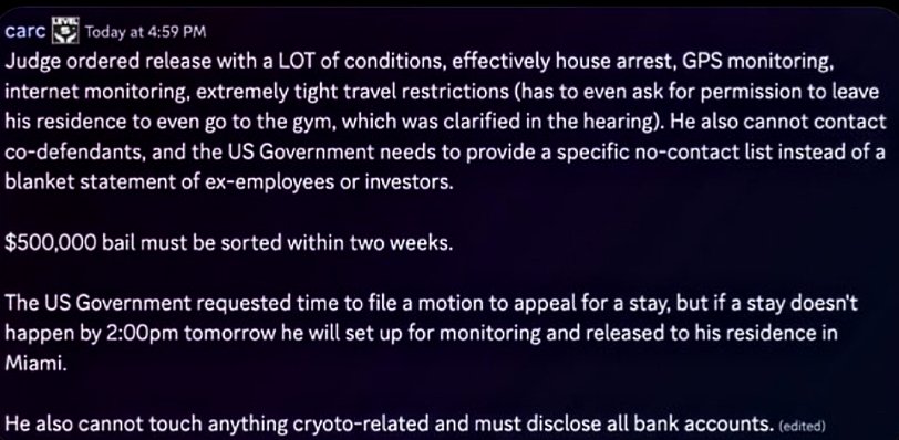 safemoon_knight's tweet photo. #SAFEMOONFAMILY
The latest regarding John's bail according to Carc.

Karony was granted bail ($500k) w/ a plethora of conditions. The US could appeal this decision by tomorrow. If not appealed, he will be out by tomorrow. 

Seems like a good first step. But there's much to go. https://t.co/Z6JaSyW9qH