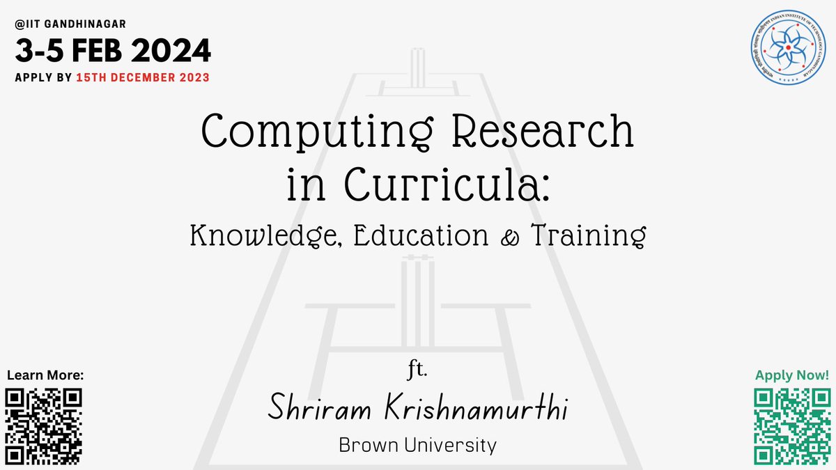 Beyond excited to announce CRiCKET 2024 - a 2.5 day #csed workshop ft. @ShriramKMurthi, happening Feb 2024 @iitgn, brought to you by @cse_iitgn.

The deadline to apply is 15th Dec, and the link to the workshop website is in the next tweet.

Please help us spread the word!

↵