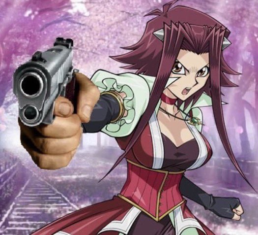 yugioh akiza pointing gun at you