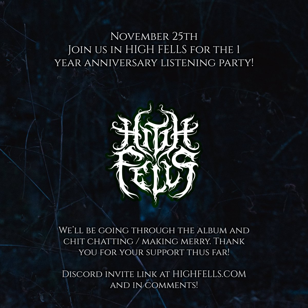 Come hang with us on 11/25 at 6pm CST! We’ll be listening to the album and chatting to celebrate one year of CATHARSIS

#metal #highfells #atmosphericdeathmetal