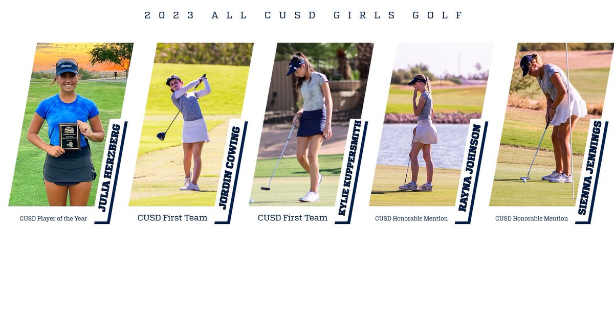 Congratulations to the 2023 All CUSD Girls Golf recipients

Julia Herzberg - Player of the Year
Jordin Cowing - First Team 
Kylie Kuppersmith - First Team
Rayna Johnson - Honorable Mention
Sienna Jennings - Honorable mention 
Chris James - Coach of the Year
<a href="/CasteelColts/">Casteel Colts</a>