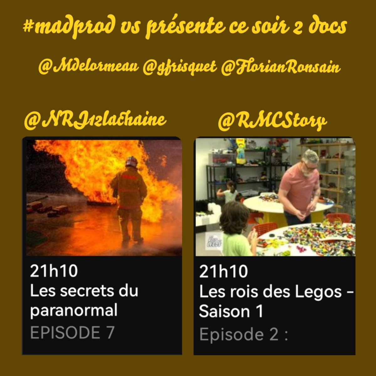 Marilou_bruley's tweet photo. 🙋♀️ Hello les #tweetos ✖ n'oubliez pas ce soir nos rdv sur @NRJ12lachaine 📺 ou @RMCStory 📺... dès 21h10 pour 2 nx docs..produit par : #madpro 📽️. Producteurs : @Mdelormeau ❤️ @gfrisquet 💙 @FlorianRonsain 💜
Soyez nombreux à regarder 👀👍.
Bonne soirée 📺🍿. Merci 🙏. https://t.co/mtruzIyqm3