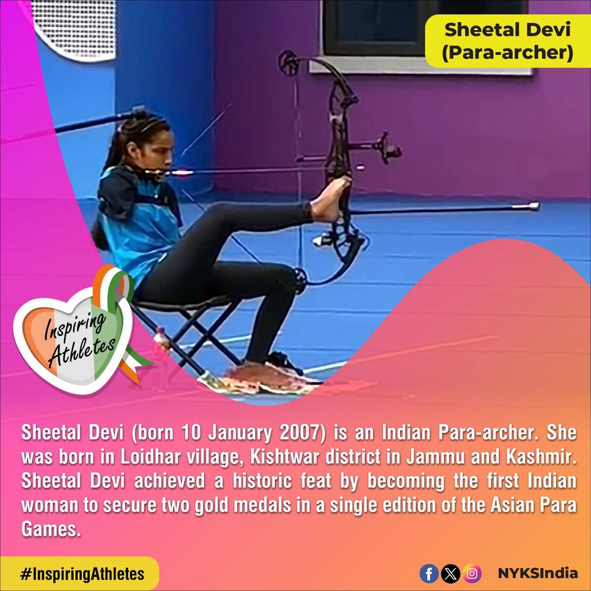 Determination Unleashes Greatness: Sheetal Devi, the Pride of Jammu & Kashmir, rewrites history as the first Indian woman to claim two gold medals in a single Asian Para Games. Her journey inspires us to conquer any challenge. 🏹🥇🥇

#SheetalDevi #InspiringAthletes