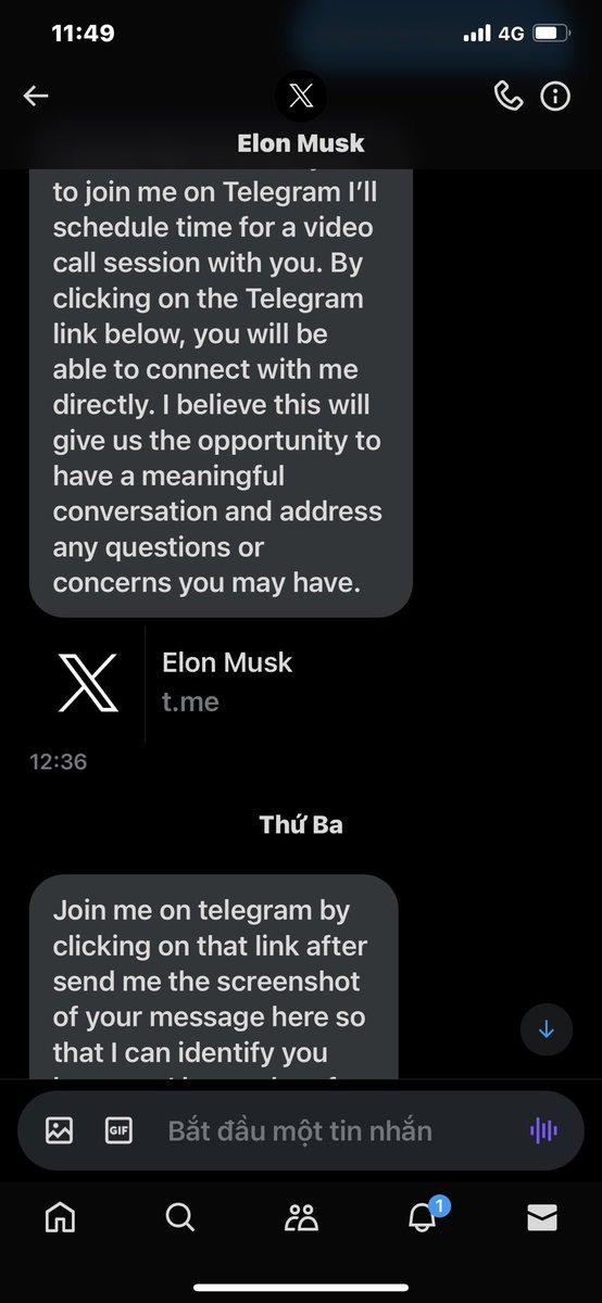 Phamyen1985's tweet photo. Lạ thật đấy, Elon Musk nhắn tin rủ qua Telegram kết bạn giao lưu chứ. Nhưng anh ơi em trung thành với anh ở đây thôi. Qua đó em sợ bị lừa lắm.
#spam #chongluadao #ElonMusk https://t.co/Wl9hG5bJDV