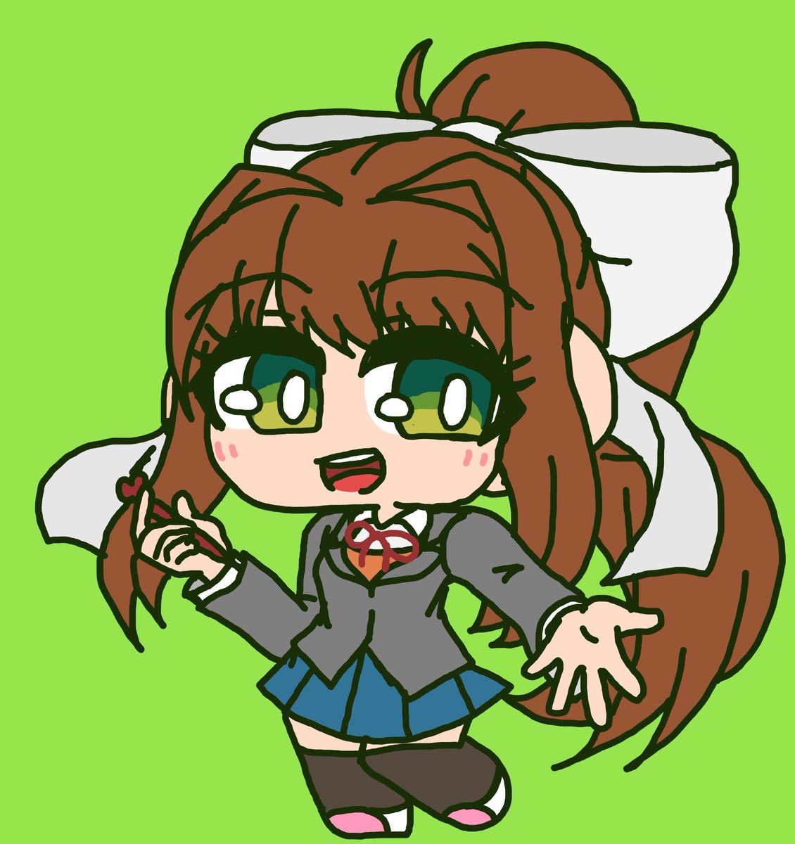 monika (doki doki literature club) 1girl solo green background ponytail brown hair chibi long hair  illustration images