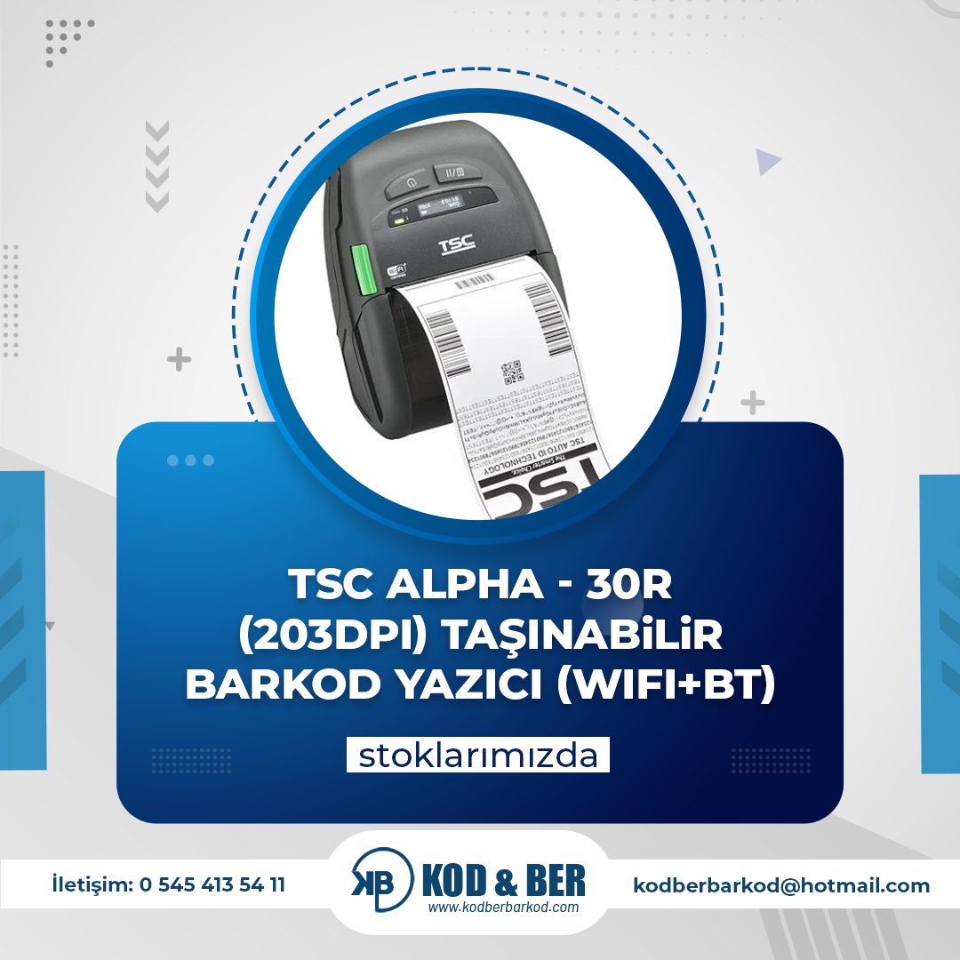 TSC ALPHA - 30R (203 DPI) Taşınabilir Barkod Yazıcı (WIFI+BT) Stoklarımızda...
#BarkodMakinesi #BarkodYazıcı #EtiketYazıcı #YapışkanlıEtiketYazıcı #EndüstriyelBarkod #ZebraBarkodYazıcı #kodberbarkod #etiket #barkod #argox #KuşeEtiket #termaltransfer #zebra #zebrabarkod #zebra