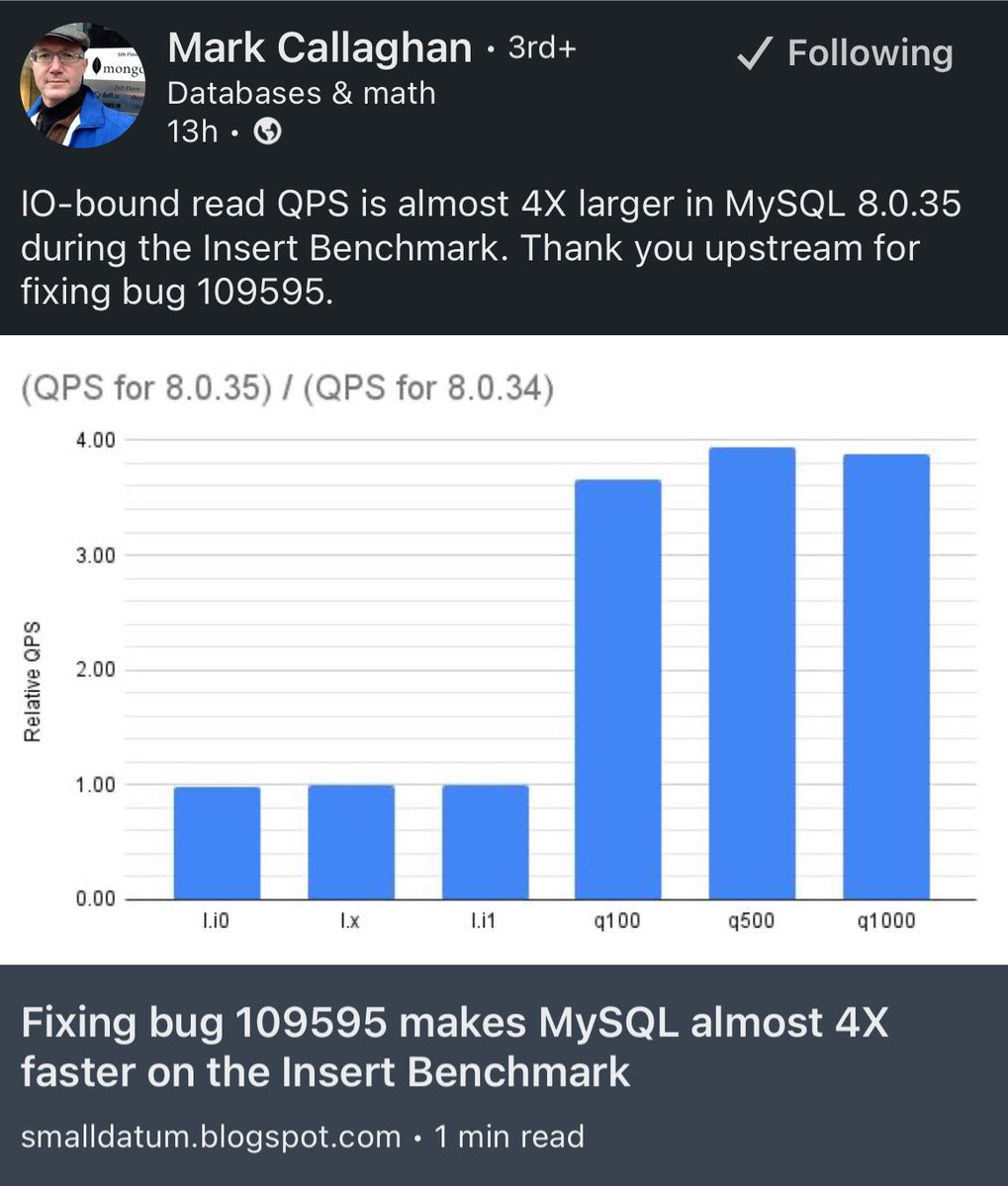 hnasr's tweet image. MySQL fixed a bug that was causing extra IO during reads. The fix made reads 4x faster (when there are concurrent inserts)
Mark found and logged the bug, his blog explains it all.
I really enjoy this stuff. There is always room for improvement.
