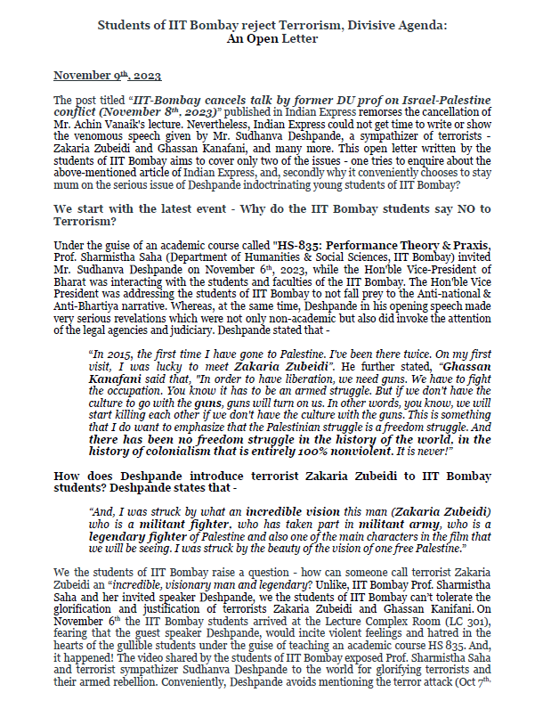 IITBforBharat's tweet photo. Students @iitbombay reject Terrorism & Divisive Agenda on @iitbombay campus thru open letter.

Lies after lies being indoctrinated by Prof. Sharmistha Saha of @iitbombay & Sudhanva Deshpande under the pretext of academic course. Through this open letter, Students @iitbombay raise a question-how terrorist Zakaria Zubeidi be called 'incredible, visionary & legendary and brainwash students @iitbombay?  
@VPIndia @MEAIndia @TheCommuneMag @OpIndia_com @TimesNow @thehawkeyex @ANI @News18lokmat @pudharionline @LoksattaLive @LRO @Pallavi_Smart @yogitaraoTOI @nirajcpandit @shubhamsingh915 @LegalLro @RashmiDVS @IndianExpress @RishikaS_ @ieexplained @ie_mumbai @ndtv @IsraelinIndia @israelinMumbai @MEAIndia @adgpi
